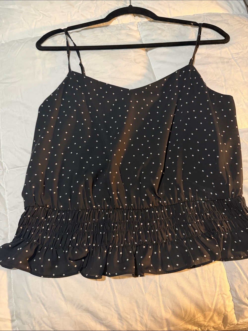 Pixley Black and White Polka Dot Smocked-Hem Cami